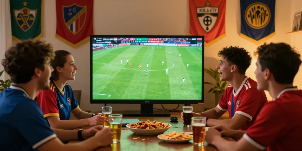 Football fans enjoying a live match on XOILACTV with vibrant atmosphere.