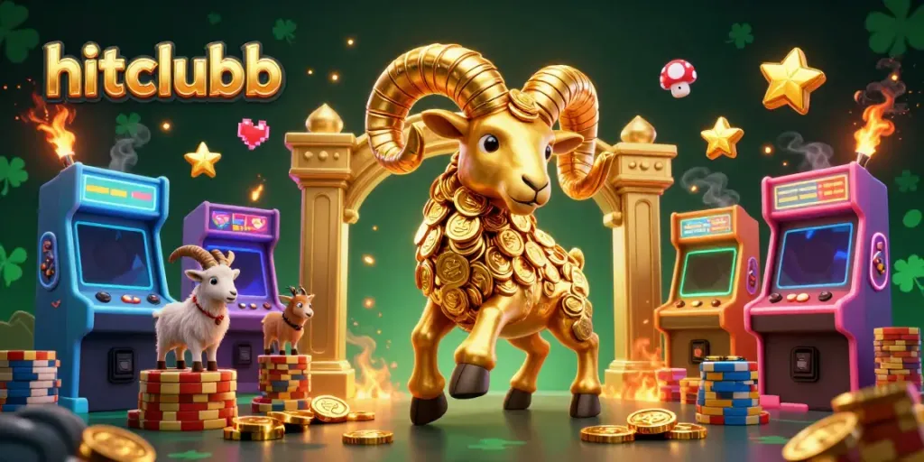 Experience the thrill of hitclubb with a golden ram charging past casino elements and vibrant game icons.