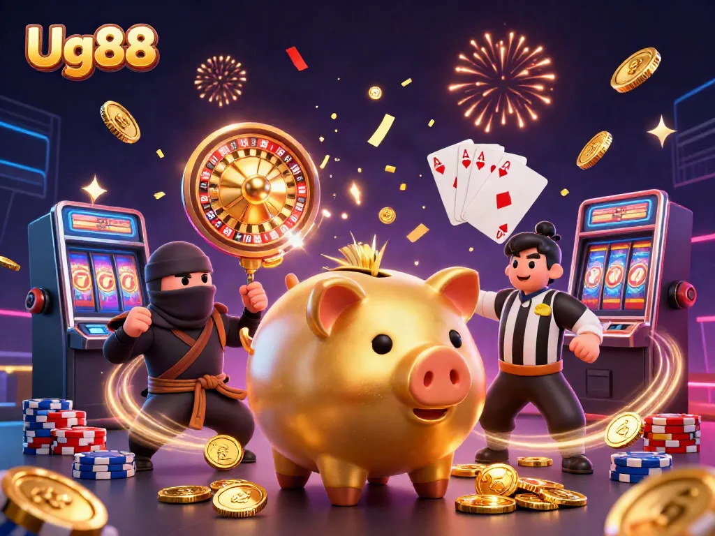 Witness exciting gameplay as Ug88 combines thrilling slots and vibrant casino elements in 3D illustration.