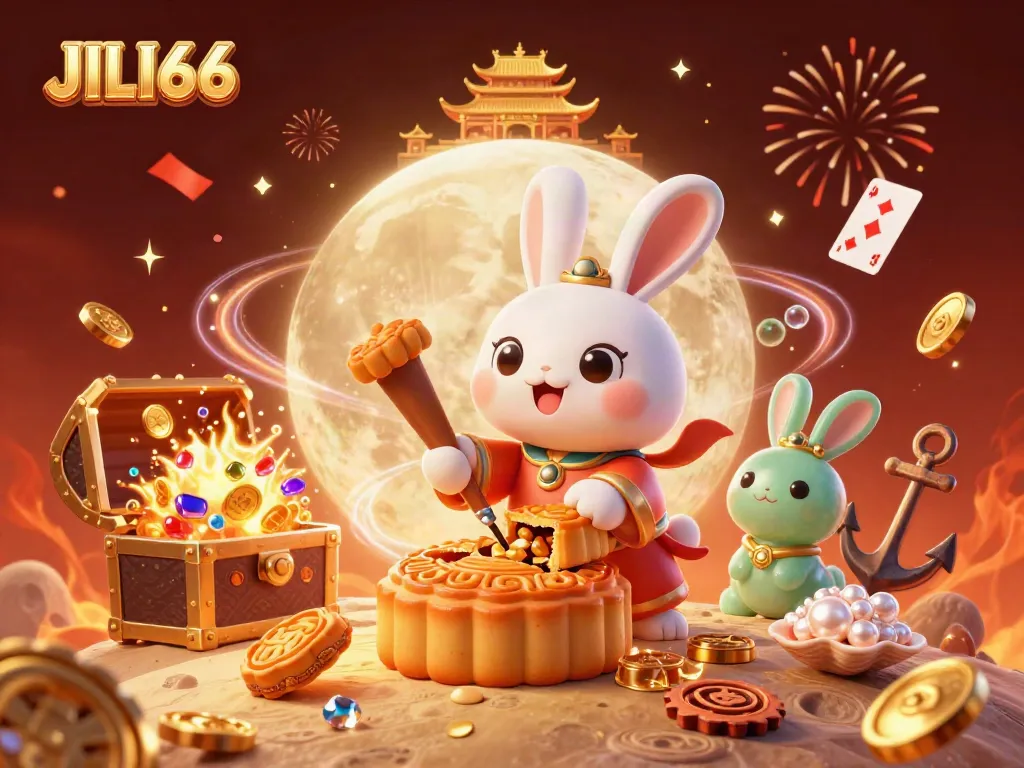 Engage with JILI66's exciting casino games in this vibrant 3D illustration showcasing golden lunar action.