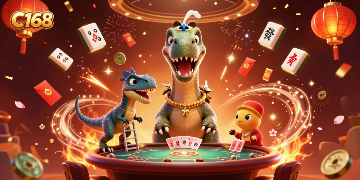 C168 game lounge features a brontosaurus and clever raptor amid festive gambling elements.