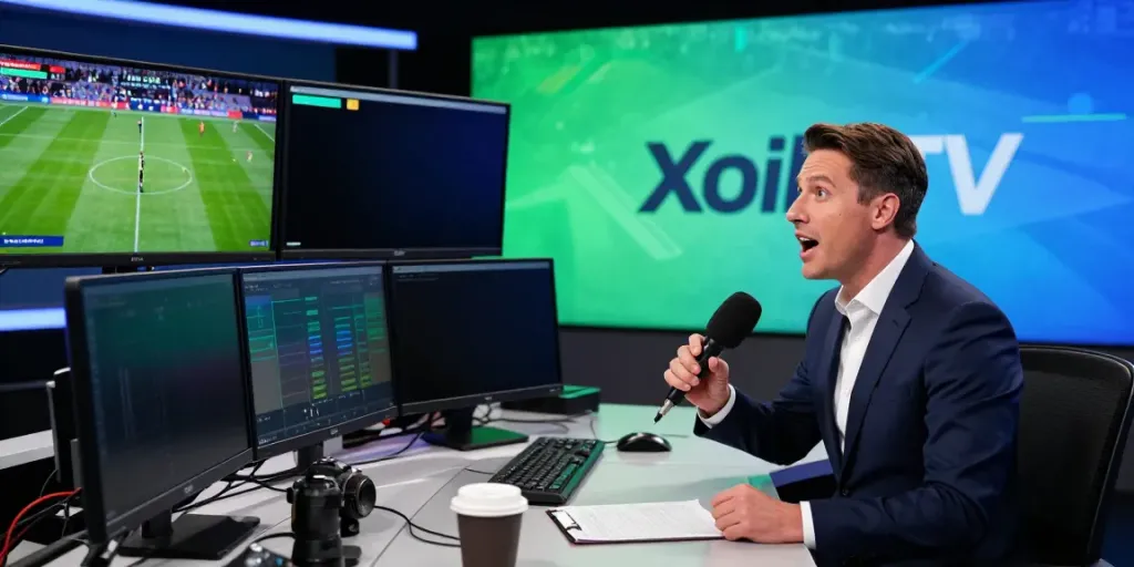 Live soccer commentary at Xoilactv showcasing on-screen stats and broadcasts.
