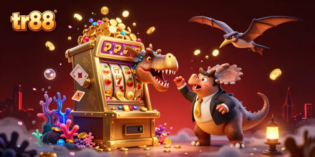 tr88 slot machine payout as a dinosaur heads for a jackpot, with flying golden coins in a vibrant casino