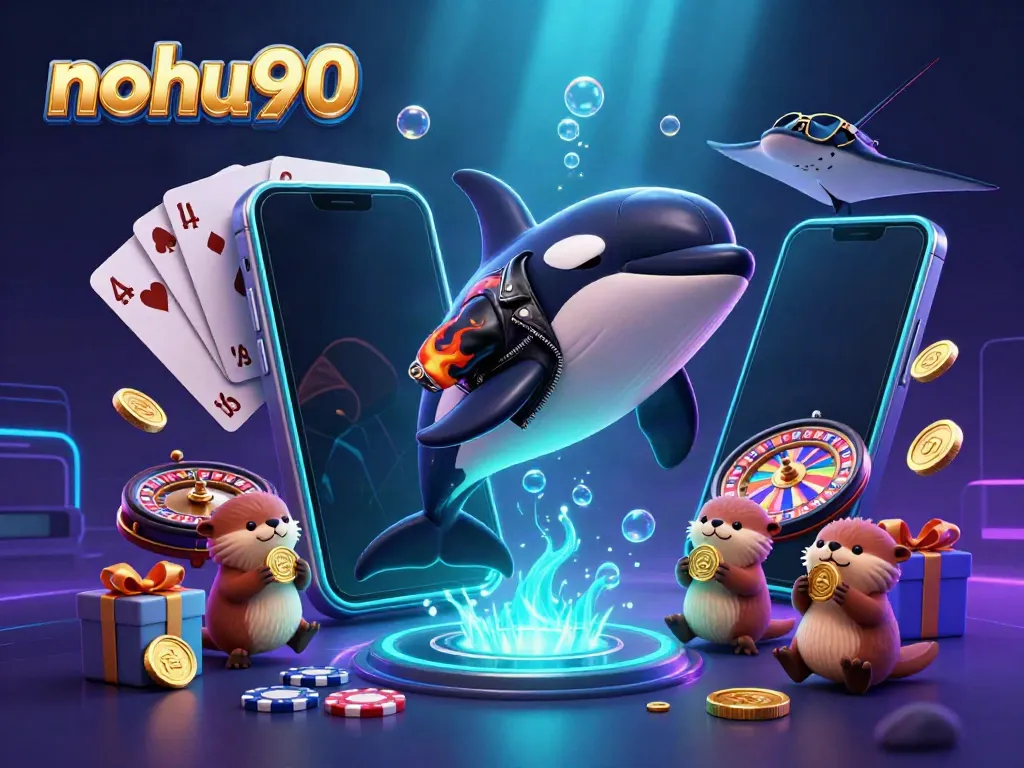 Experience thrilling action with nohu90 as a cartoon whale jumps among coins and gaming elements.