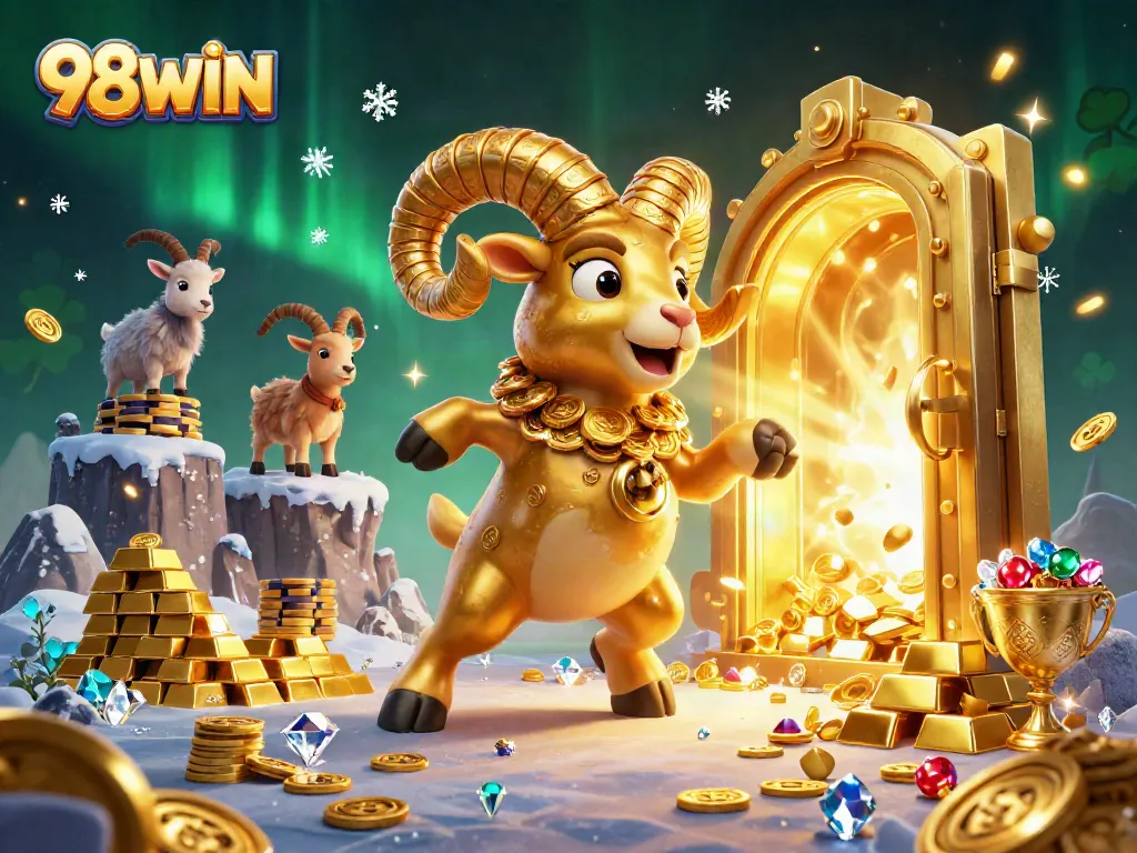 Experience thrilling gaming excitement with 98WIN as the golden ram charges through a treasure-filled gateway.
