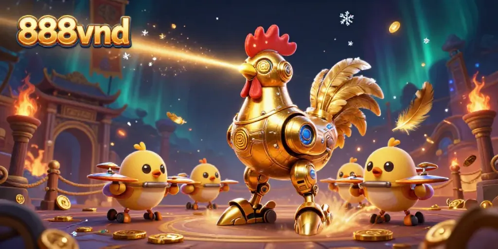 Experience thrilling 888vnd gameplay with a golden rooster robot and baby chick drones in a dynamic casino scene.