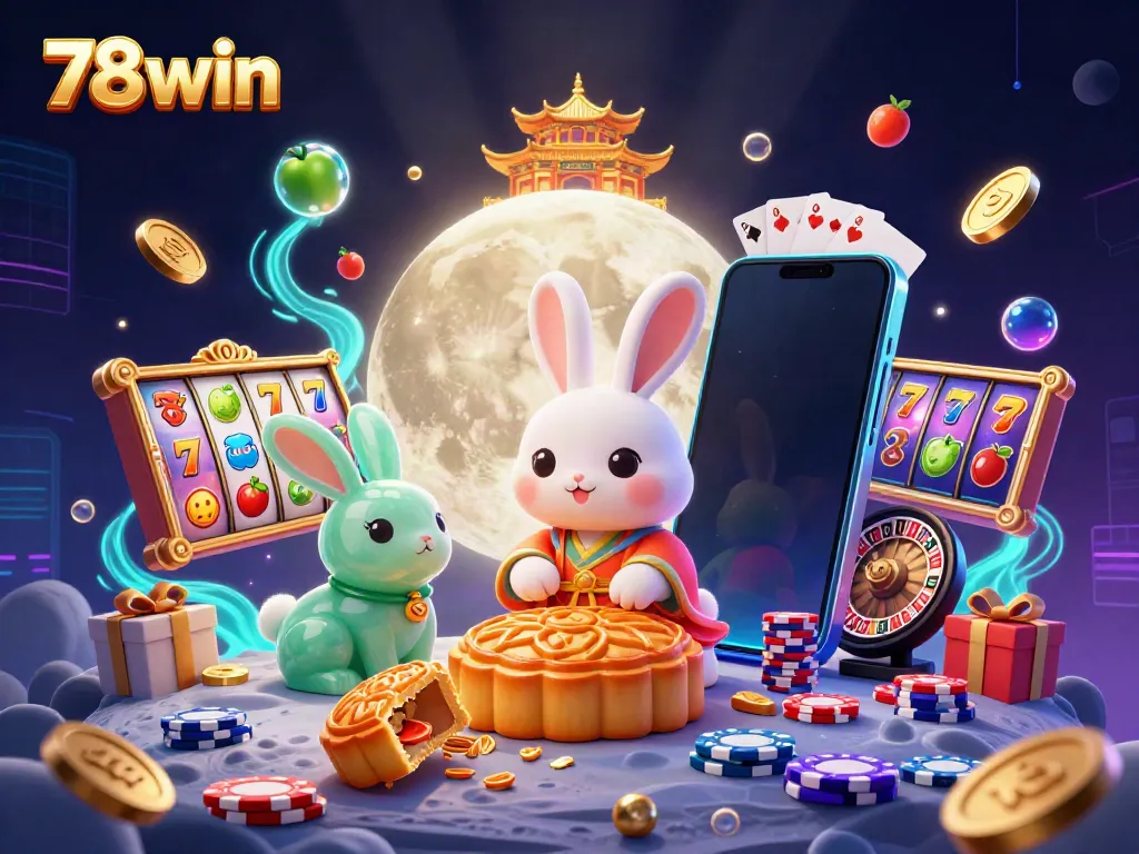 Experience the thrill of 78win with our vibrant casino-themed illustration featuring a moon rabbit and slot game elements.
