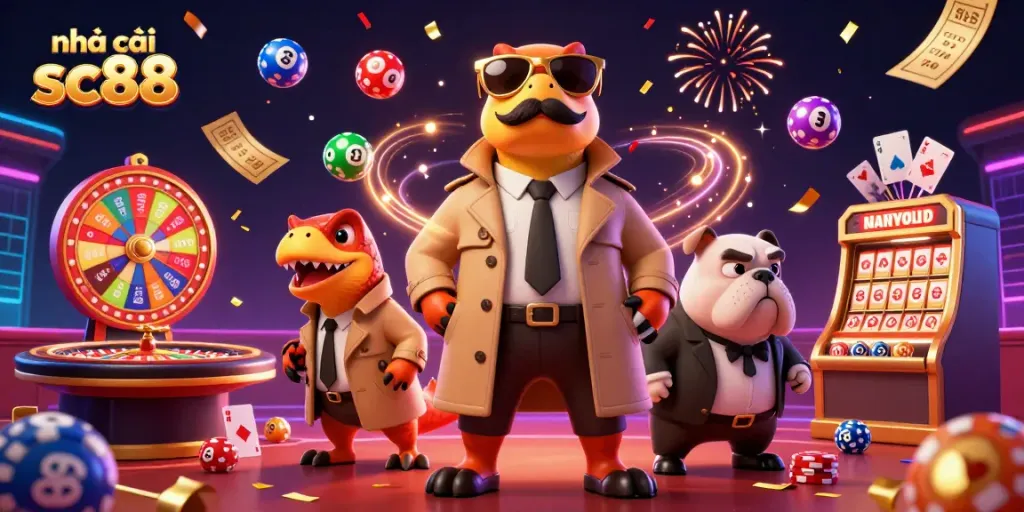 Experience the excitement of nhà cái sc88 with raptors sneaking into a casino amidst vibrant game elements.