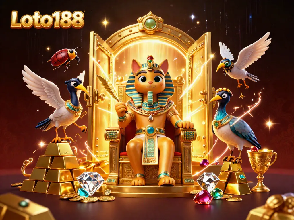 Loto188 Egyptian-themed digital illustration depicting an entertaining casino scene with a pharaoh cat.