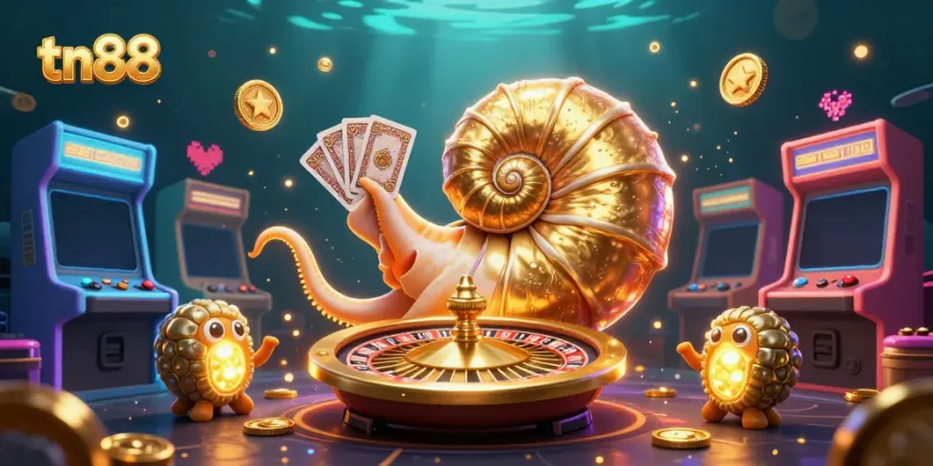 Engage with tn88's thrilling gaming atmosphere featuring a giant nautilus roulette wheel surrounded by vibrant casino elements.