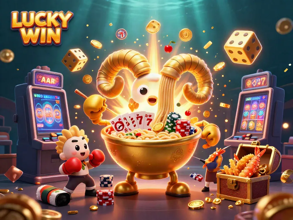 Engaging scene featuring LUCKY WIN casino characters celebrating with slot machines and vibrant visuals.