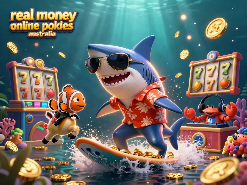Spin exciting real money online pokies Australia with vibrant 3D characters surfing gold coins and slot reels.