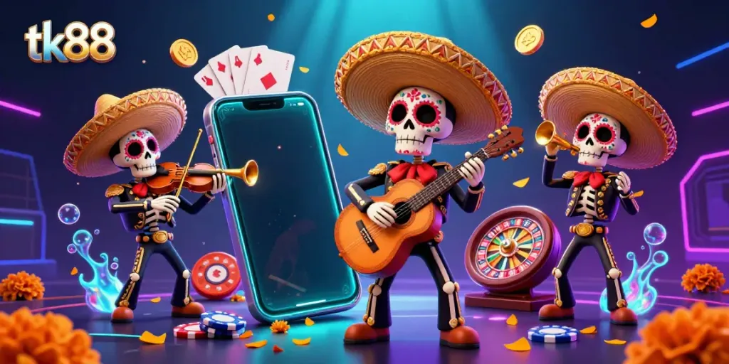Engage with the vibrant tk88 slot game scene featuring a mariachi band and dynamic casino elements.
