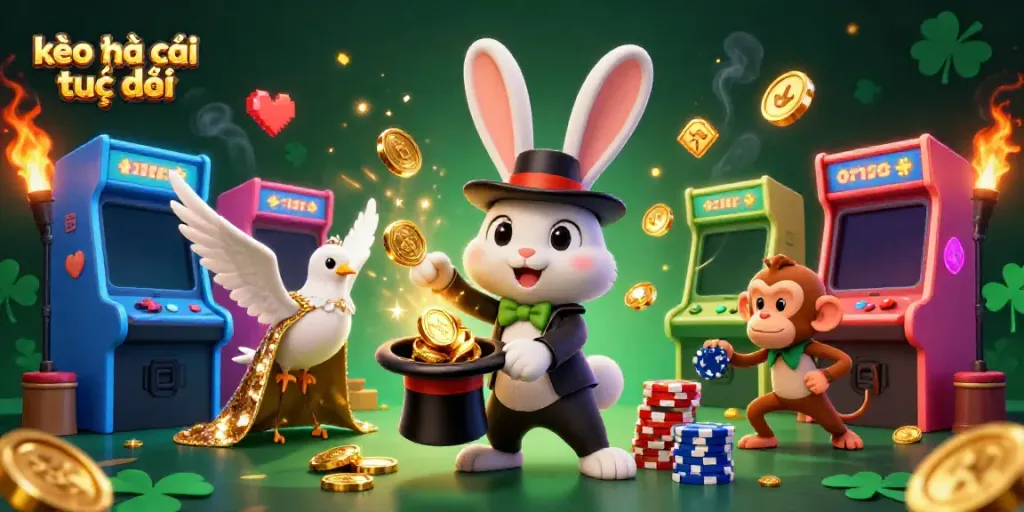 Experience the excitement of kèo nhà cái trực tiếp with a magical scene full of gambling elements and animated characters.