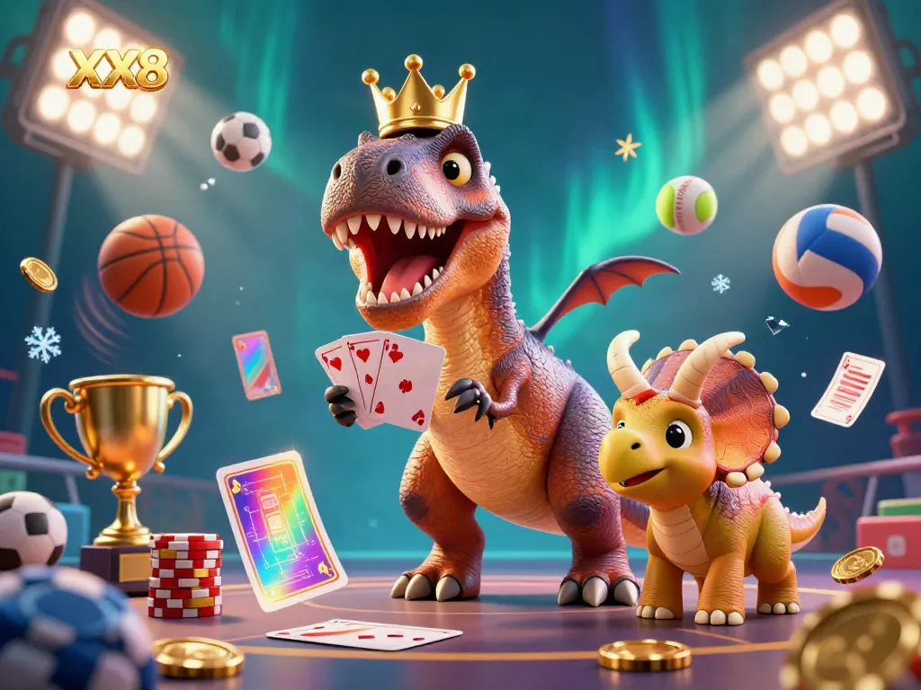 Engage with the enchanting world of XX8 featuring dinosaurs playing cards and stacking chips in a vibrant casino.