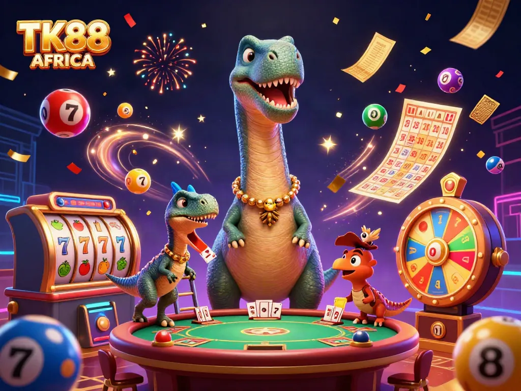 Engage with TK88 AFRICA in a vibrant 3D casino scene featuring dynamic games and colorful elements.