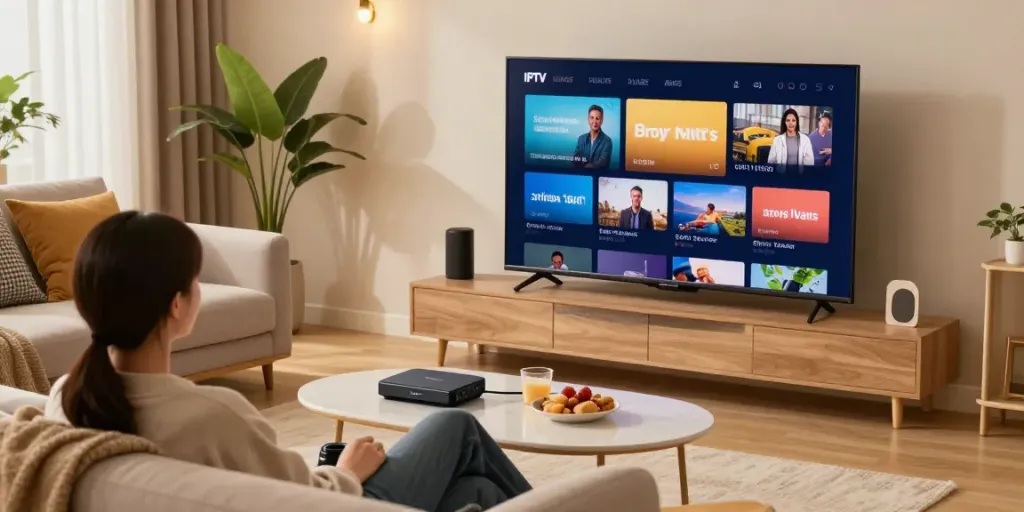 Enjoying IPTV Service in a cozy living room with modern decor.