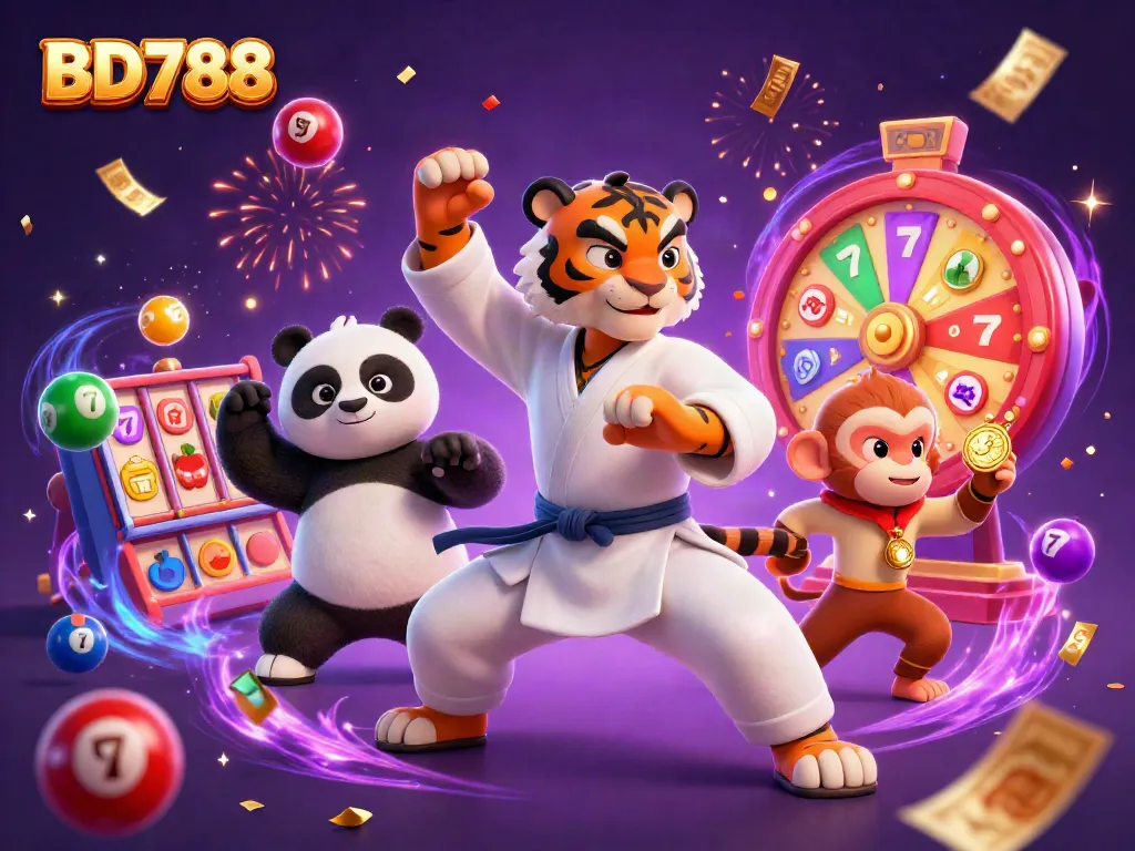 Experience the excitement of BD788 with dynamic casino elements and colorful characters in a vibrant illustration.