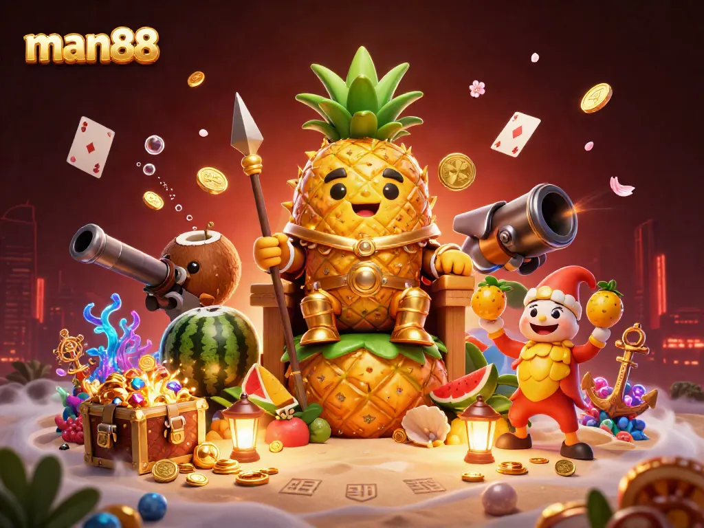 Experience thrilling wins with man88 as the golden pineapple king rules over a vibrant beach casino.