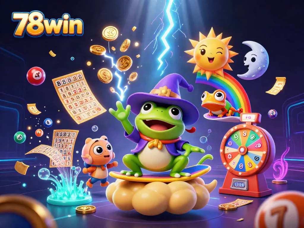 Experience excitement with 78win as colorful lottery and gaming elements explode around vibrant characters.