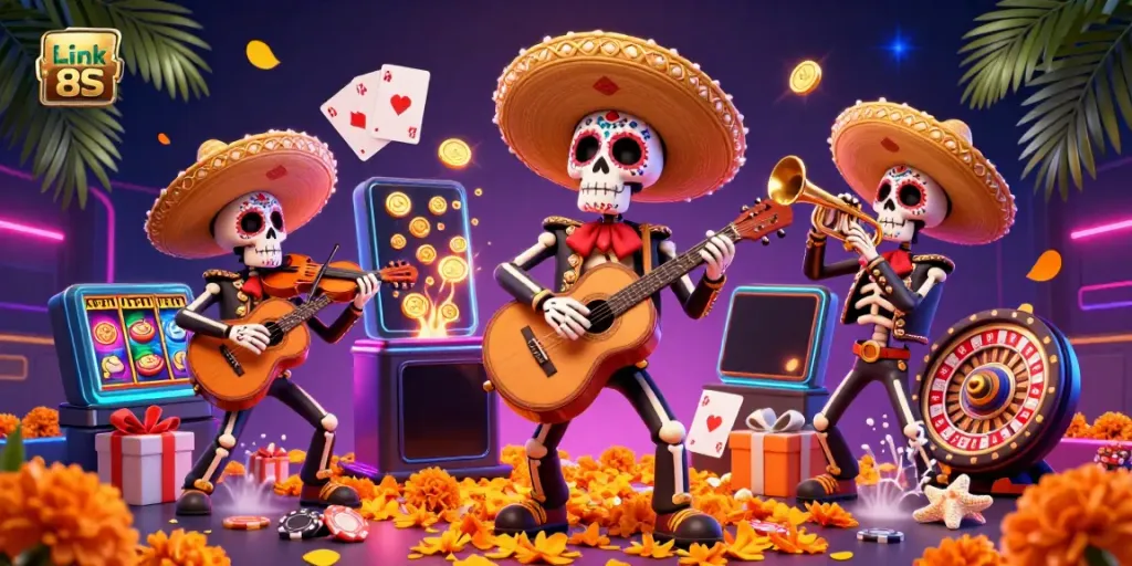 Enjoy the Link 8S experience with a vivid cartoon mariachi band surrounded by casino elements.