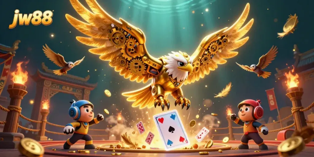 Experience thrilling gaming at jw88 with a dynamic 3D scene of a cybernetic eagle amidst a cascade of holographic cards.