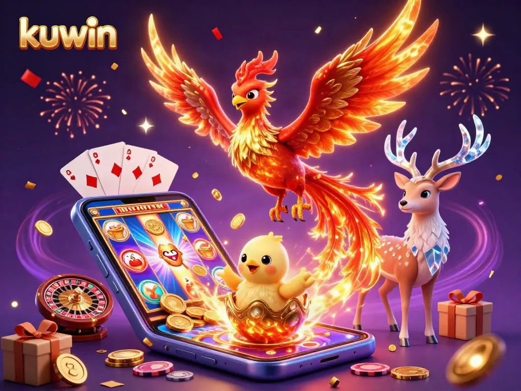Kuwin casino action featuring a phoenix and a mystical stag amidst dynamic gaming elements.
