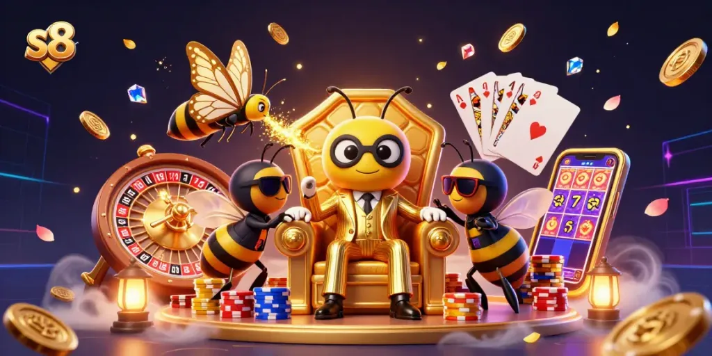 Experience epic wins at s8 with a vibrant 3D casino scene of a bumblebee mob boss, coins, and roulette.