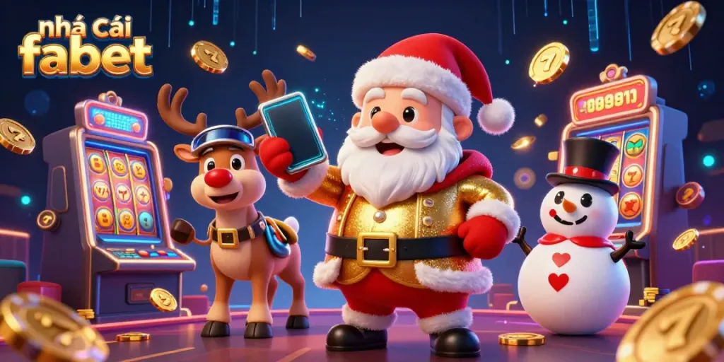 Engaging scene of nhà cái fabet with Santa holding a jackpot slots smartphone, surrounded by casino elements.