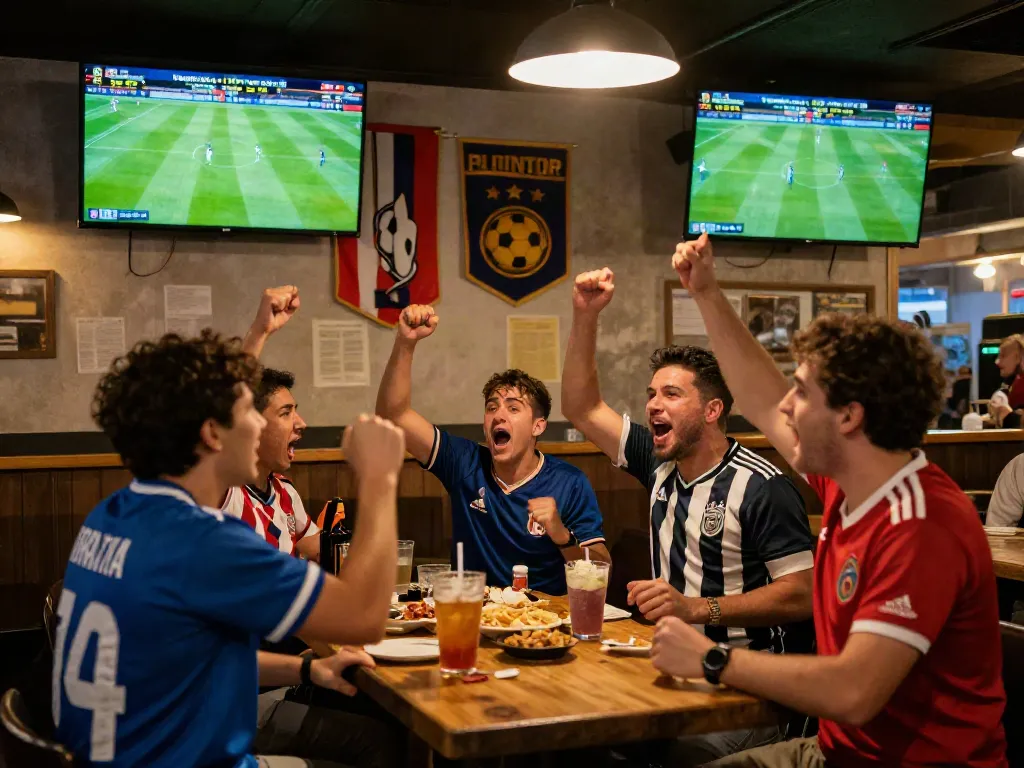 Fans enjoying football matches at Thapcamtv in a lively sports bar setting.