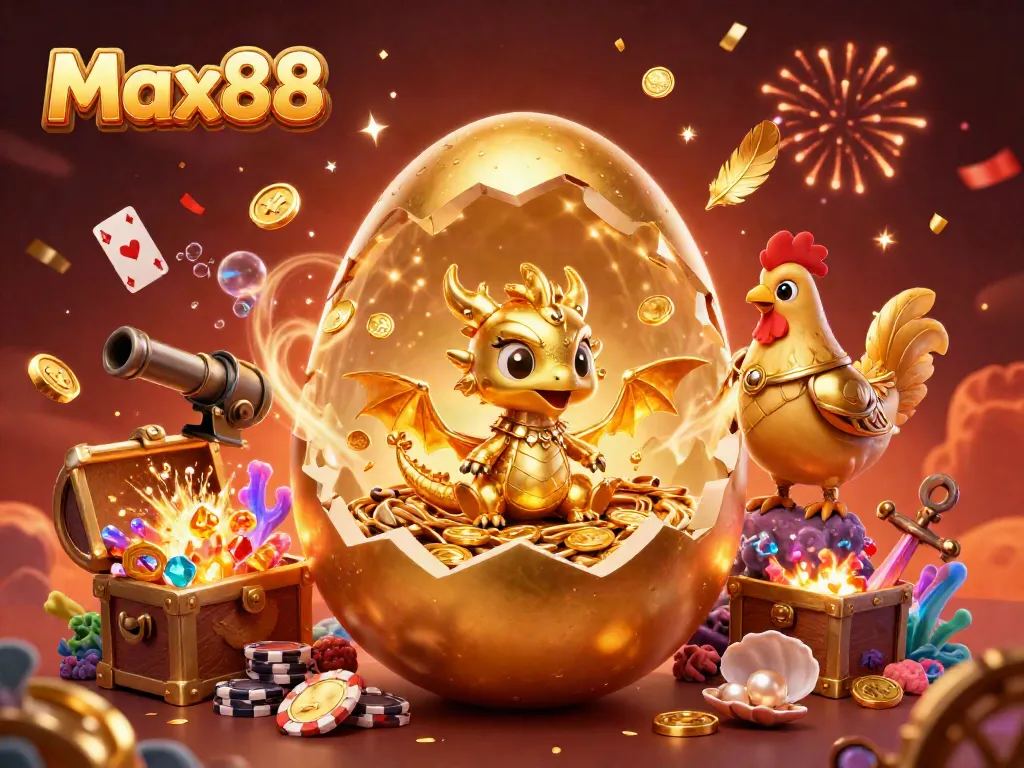 Experience enchantment with Max88’s golden dragon emerging from a nest of poker chips amidst festive casino elements.