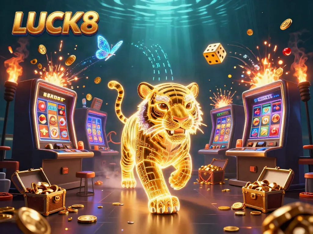 Experience the thrill of LUCK8 casino with a vibrant 3D illustration featuring a golden tiger and jackpot elements.