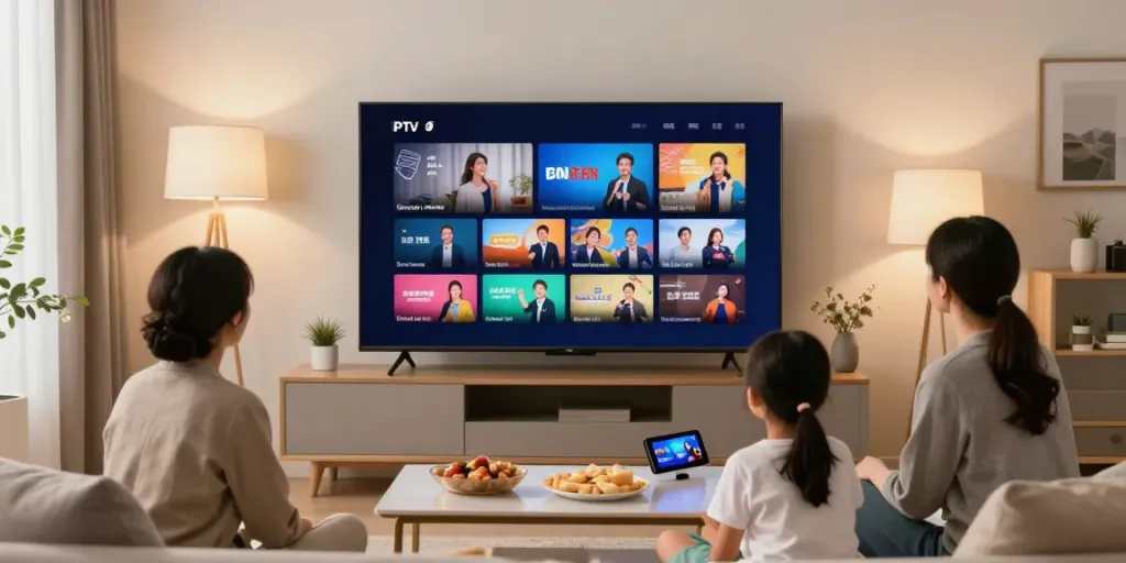 Family enjoying IPTV service in a cozy living room, vibrant channels on screen.
