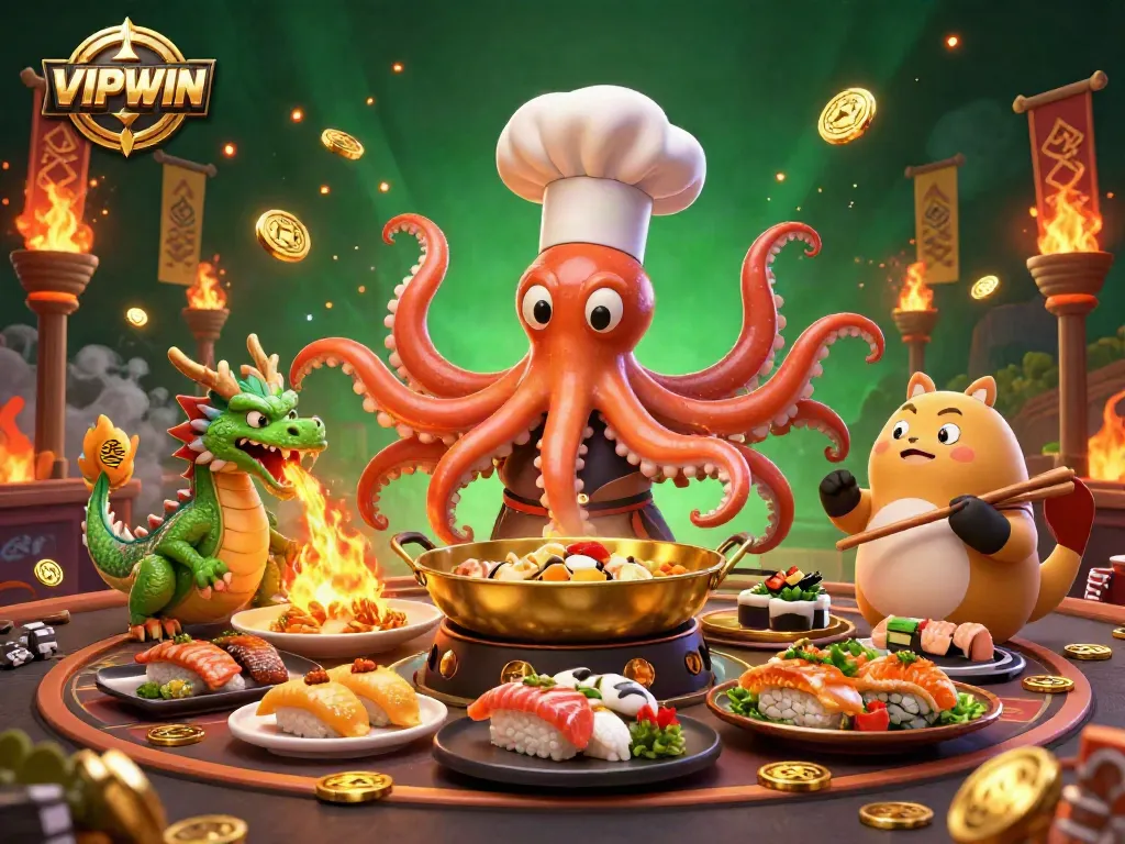 VIPWIN Casino highlights a thrilling environment with octopus chef and dragon.