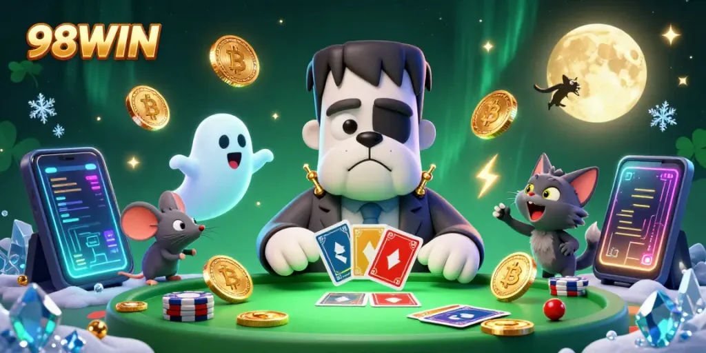 Experience thrilling crypto gaming with 98WIN as cartoon characters engage in lively card action.