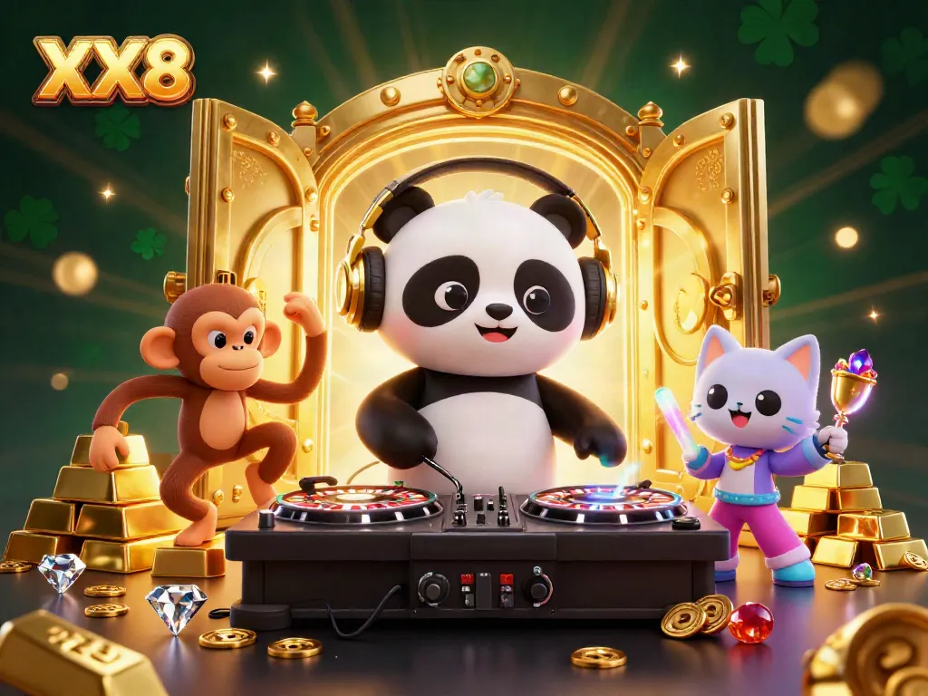 Spin the roulette wheels with XX8, witnessing a party of playful characters in a vibrant casino scene.