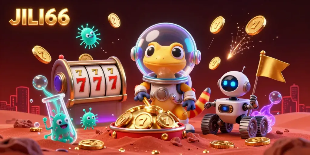 Engage with JILI66 as the Martian gecko discovers a vibrant casino beneath red Mars sand.
