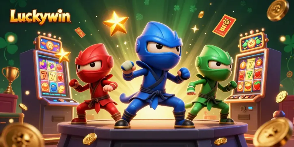 Experience thrilling gameplay at Luckywin with vibrant casino elements and ninja chameleons celebrating wins.