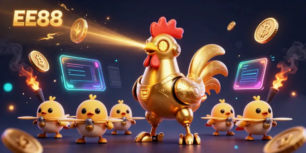 Engage with EE88's dynamic casino scene showcasing vibrant crypto elements and iconic gaming symbols.
