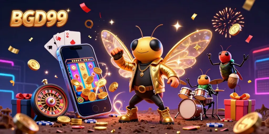 Experience the thrilling world of BGD99 with an electrifying casino scene featuring a rock star cicada, endless games, and celebratory effects.