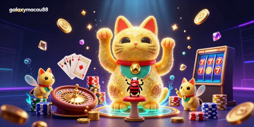 Experience excitement with galaxymacau88 as golden fireflies take the shape of a lucky cat amidst casino symbols.