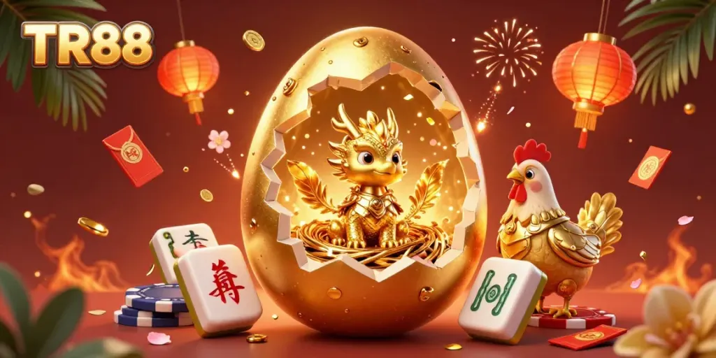 Experience thrilling moments with TR88's engaging 3D casino illustration filled with golden characters and exciting elements.