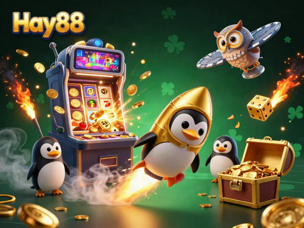 Experience the excitement of Hay88 with a dynamic casino-themed 3D illustration featuring a golden penguin and slot machine.