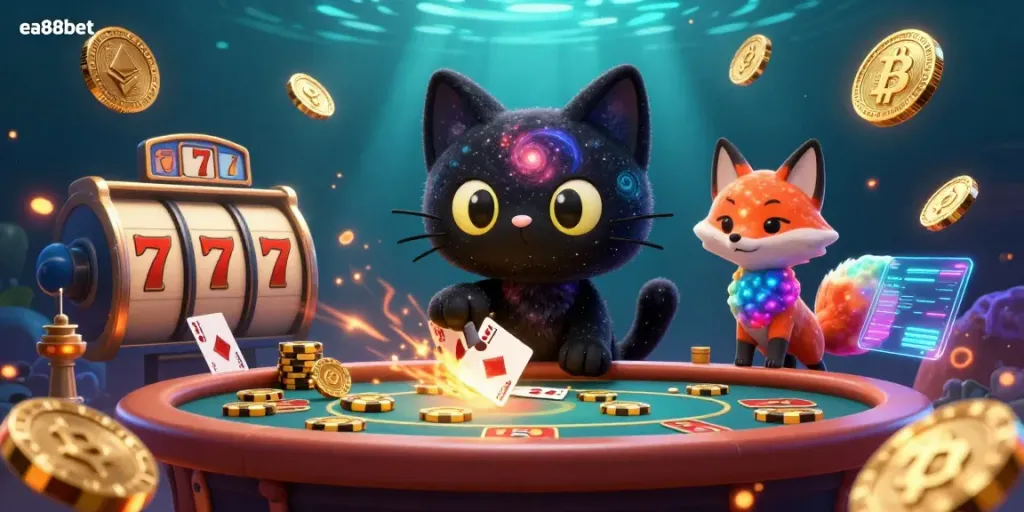 Play casino games in style with the ea88bet brand showcasing a cosmic 3D black hole cat at a vibrant gaming table.