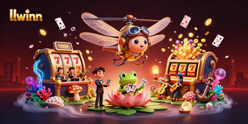 Spin the reels with llwinn's dragonfly pilot above a vibrant lily pad casino scene