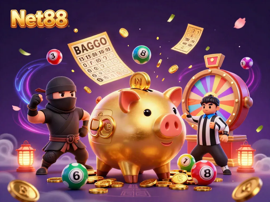 Experience the excitement of Net88, featuring dynamic gaming elements and vibrant characters in a lively casino environment.