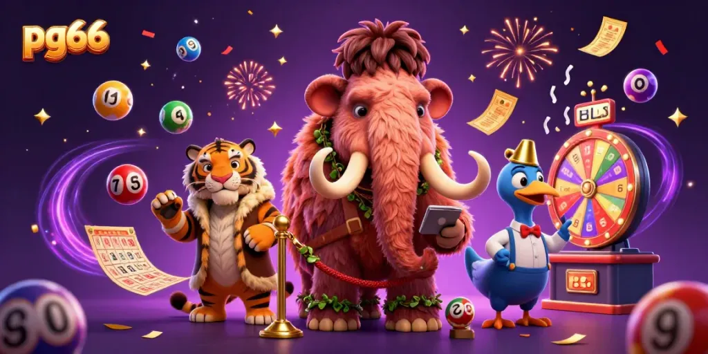 Join the excitement at pg66 with a vibrant casino scene featuring animated characters and lively game elements.