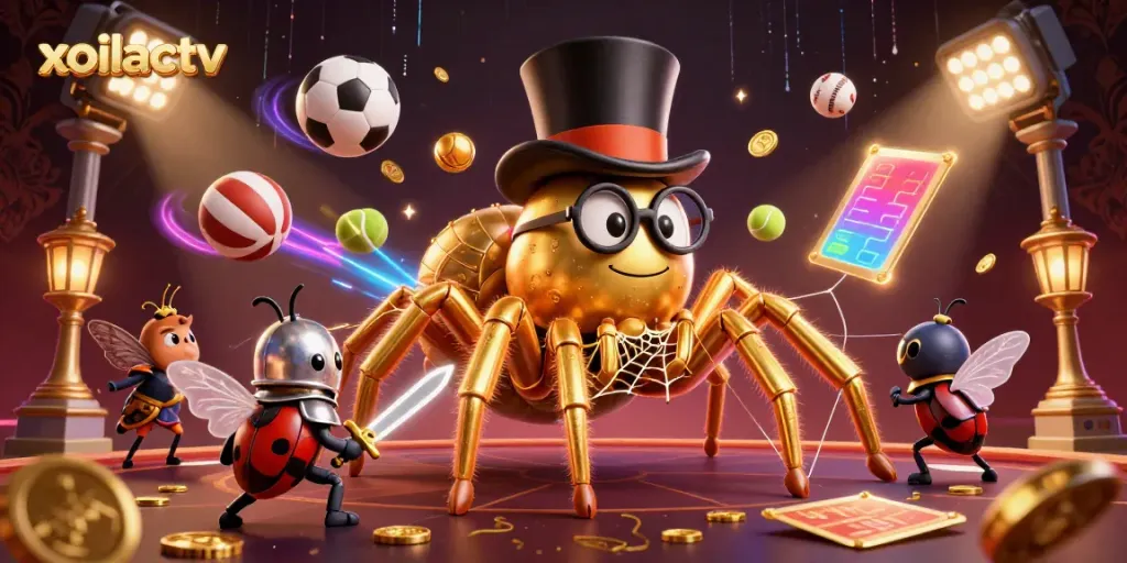 Xoilactv's exciting sports scene features a golden tarantula and beetle knight surrounded by dynamic sports elements.