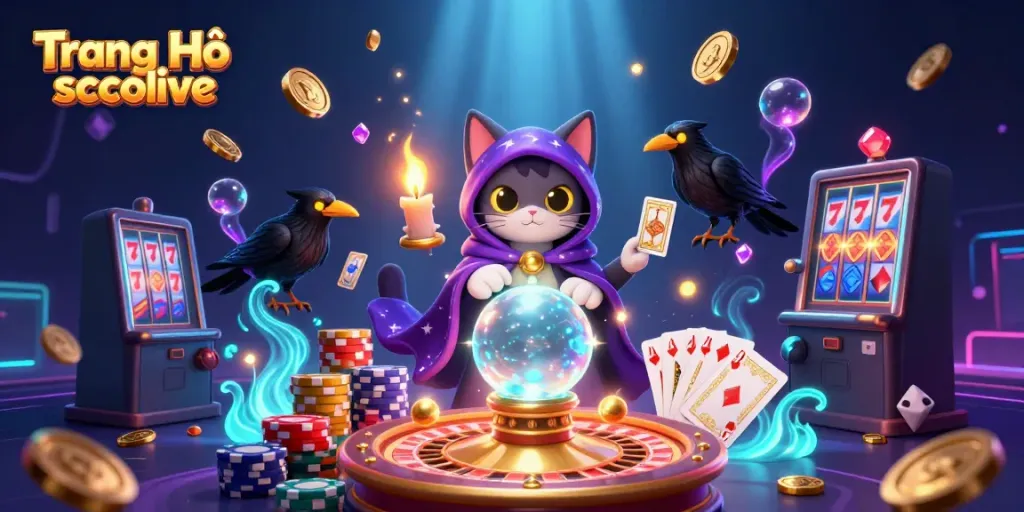Engage with the dazzling scene of Trang Chủ socolive, featuring a mystic fortune teller cat, tarot raven, and casino elements.