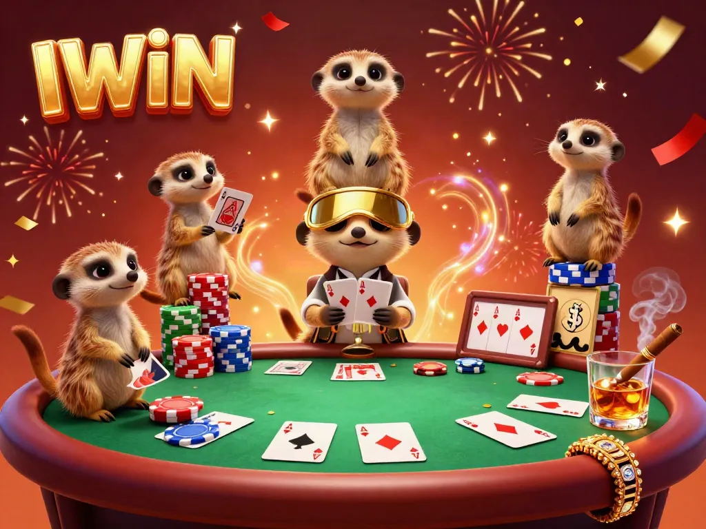 Experience the thrilling gaming action of IWIN casino with lively meerkats managing a colorful poker table.